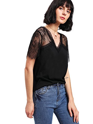 MakeMeChic Women's Floral Lace Short Shoulder Solid Tee Shirt Top Black S at Amazon Women’s Clothing store: