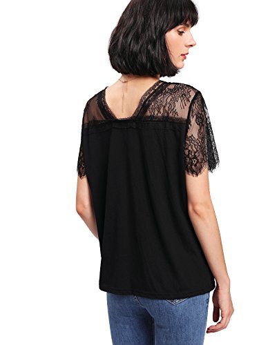MakeMeChic Women's Floral Lace Short Shoulder Solid Tee Shirt Top Black S at Amazon Women’s Clothing store: