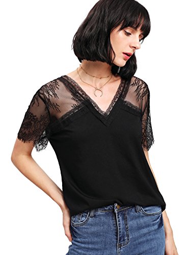 MakeMeChic Women's Floral Lace Short Shoulder Solid Tee Shirt Top Black S at Amazon Women’s Clothing store: