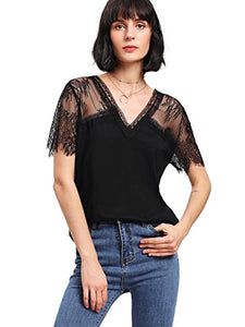 MakeMeChic Women's Floral Lace Short Shoulder Solid Tee Shirt Top Black S at Amazon Women’s Clothing store: