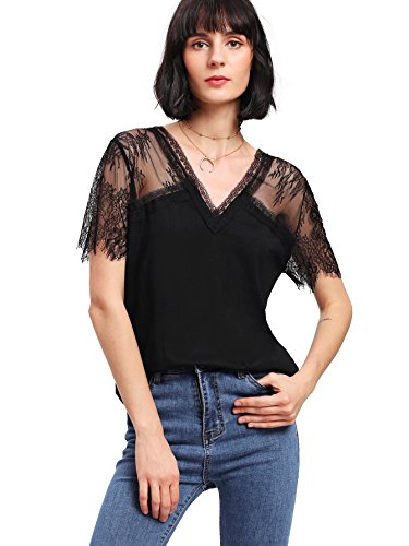 MakeMeChic Women's Floral Lace Short Shoulder Solid Tee Shirt Top Black S at Amazon Women’s Clothing store: