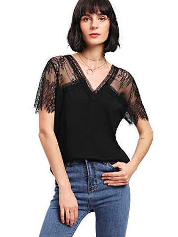 MakeMeChic Women's Floral Lace Short Shoulder Solid Tee Shirt Top Black S at Amazon Women’s Clothing store: