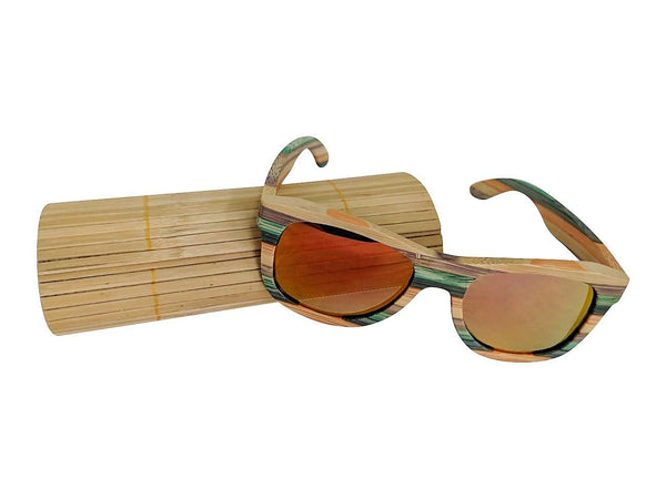 Colour Striped Polarized Wood Sunglasses with UV400 Polarised Lenses and Bamboo Box for Women